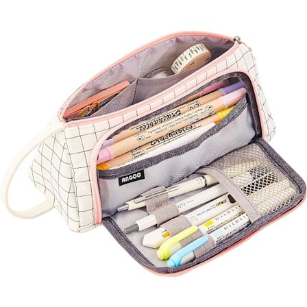 Canvas Stort Kapasitet Bærbart Penal for Jenter, Vanntett Skolepenal med Håndtak for Skoleutstyr, Rosa Hvit