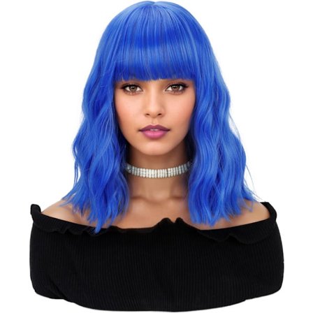 (14",Blå) Naturlig vågig peruk med luftlugg kort bob peruker dam