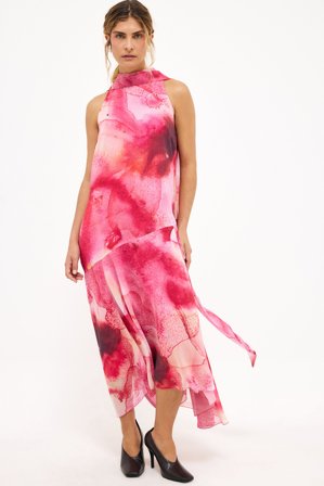 NA-KD Robe mi-longue en mousseline avec écharpe - Robe ras de cou - Rose - EU 36