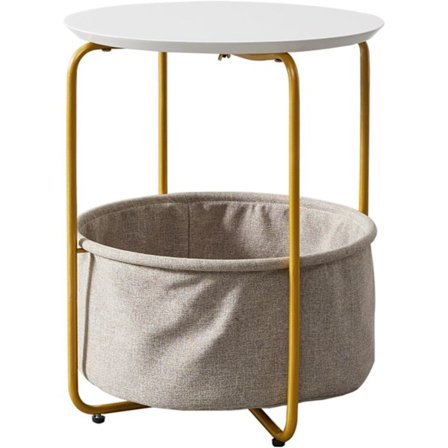 Litet runt sidobord med tygkorg, runt soffbord med guldmetallram, litet soffbord för vardagsrum