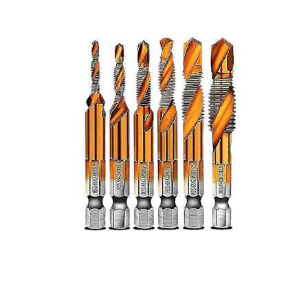 6 stk HSS-bitssett for kombinasjonsgjengetapp i titan, 3-i-1 gjengetapp, med 1/4 tommers sekskantskaft