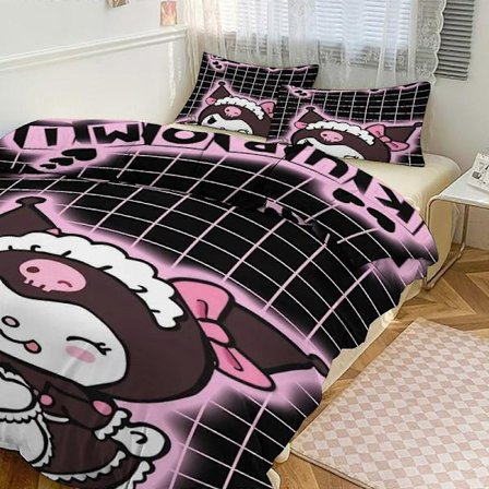 Ez635 Kuromi Print Sengetøj Sæt Mønstret Dynebetræk Sæt 3 Dele 1 Dynebetræk Og 2 Pudebetræk til Kvinder Mænd Teenagere IU635