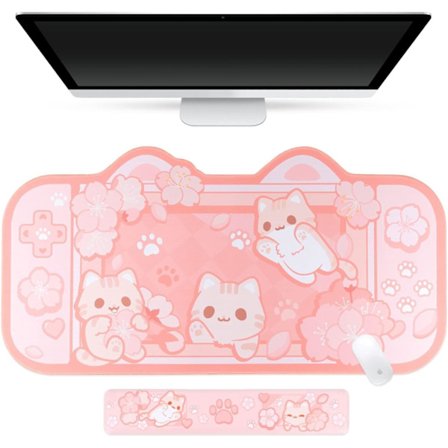 Keyboard Spelmatta för NS Switch Stor Musmatta, Pastellrosa Kawaii Söt Anime Skrivbordsunderlägg med Handledsstöd