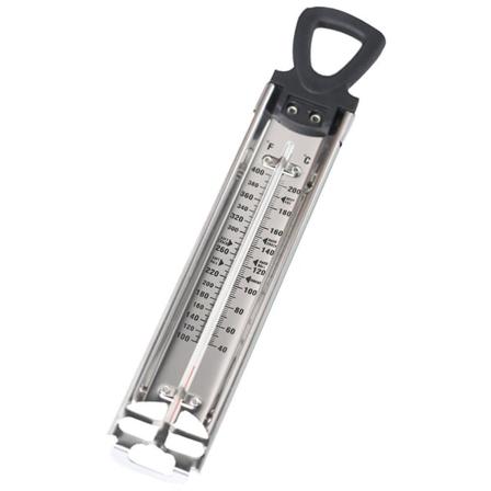 Ruostumattomasta teräksestä valmistettu karkkitermostaatti paistamiseen ja ruoanlaittoon, ripustuskoukulla ja kattilan kiinnikkeellä