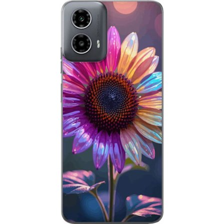 Kompatibelt Mobildeksel til Motorola Moto G34 Irideserende blomst med glitrende kronblad i rosa lilla og gull mot myk bokeh bakgrunn