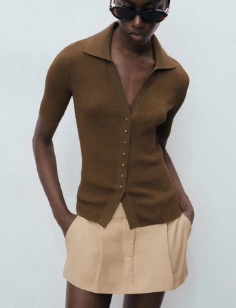 Mango Ribbed Polo-Neck Sweater - Brown - XS