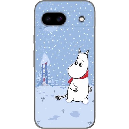 Google Pixel 8a Genomskinligt Skal Står i ett stilla vinterlandskap med snöfall, blå toner och måne där den lugna stämningen skapar en mjuk och