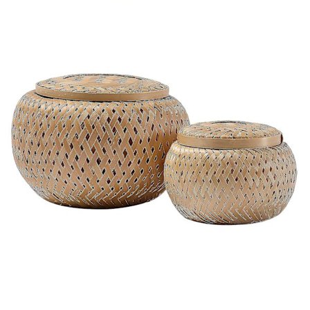 2024 Sæt med 2 små dekorative bambuskurve med låg til opbevaring af småting håndlavet og flettet bambus