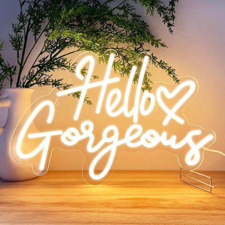 Hello Gorgeous Neonskilte til Vægdekoration med Hjerte, Varm Hvid Gorgeous LED Neon Lys til Soveværelse Kollegium Salon Bryllupsfest, Rumindretning 