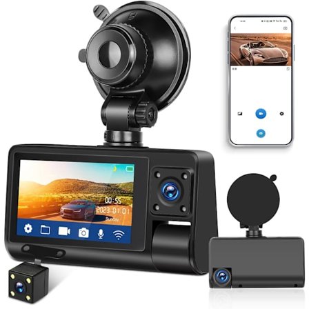 3-kanals dashcam foran og bak inne, Full HD 1080P dashcam for biler med Super Night Vision Loop Recording G-Sensor APP-kontroll 150° vidvinkel 3