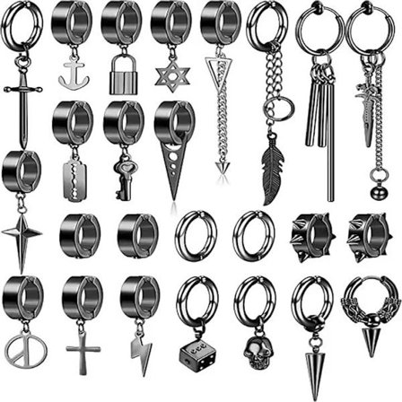 25 stk. Clip-on øreringe til mænd Rustfrit stål Kors Kæde Vedhæng Øreringe Sort Huggie Hoop