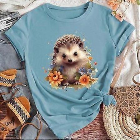Mote Kvinner Søt Dyr Piggsvin Blomsterprint T-skjorte Morsom Casual O-hals Korte Ermer T-skjorte Sommer Dame Tee Shirt (L blå)
