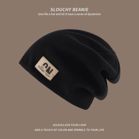 Varm slouch-lue, flatterende beanie for høst og vinter, svart (fleeceforet)