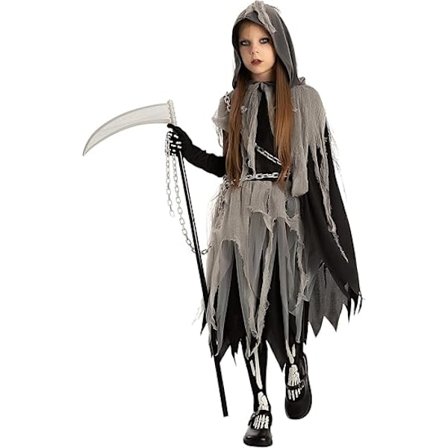 Grim Reaper-kostume til piger med handsker og strømpebukser, selvlysende, uhyggeligt Halloween-kostume