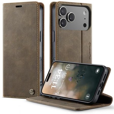 Mobilskal med folio Kompatibelt med iPhone17 ProMax – Vintage Läderdesign med Stödfunktion & Kameraskydd brun