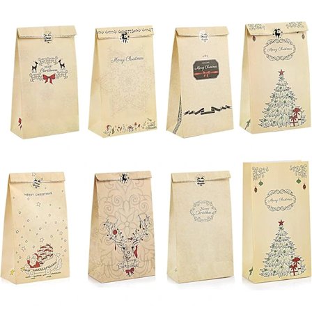 /EA/12 stk julepapirposer i vintage-stil, kraftpapir, 22 x 12 x 6 cm, for gaver, godteri, kaker