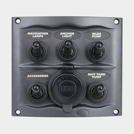 Panel de interruptores / panel de fusibles BEP Marine, 5 interruptores, con fusibles de espiga plan, + toma USB