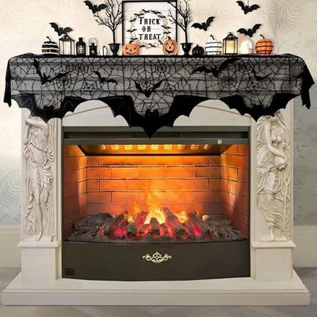 Halloween Dekoration – Sort Blonde Edderkoppespind Kaminhyldeovertræk med 3D Flagermus Vægklistermærker, Til Fest- og Partyhåndværk