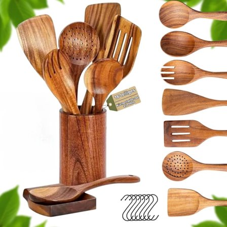 16-delars köksredskapsset i trä, träredskap för matlagning, matlagningsredskap i teakträ med hållare, skedstöd & krok - träsked