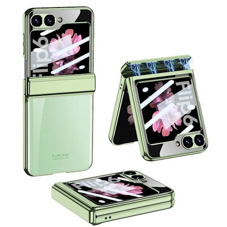 Pläterat Genomskinligt Skal för Samsung Galaxy Z Flip 6, Slim PC-skal med Stötsäkert och Magnetiskt Gångjärnsskydd & Externa Skärmskydd