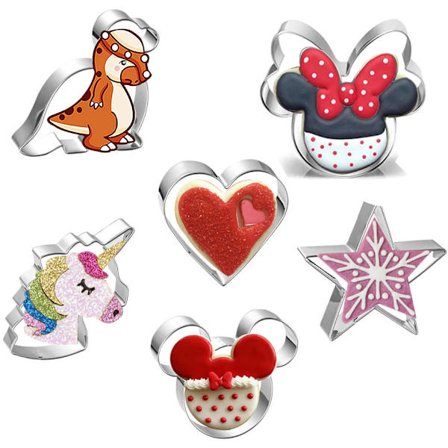 Sett med 6 Mickey Mouse-hode, Mickey Mouse-ansikt, Minnie Mouse, enhjørning, dinosaur, hjerte og stjerne kakeform, sand