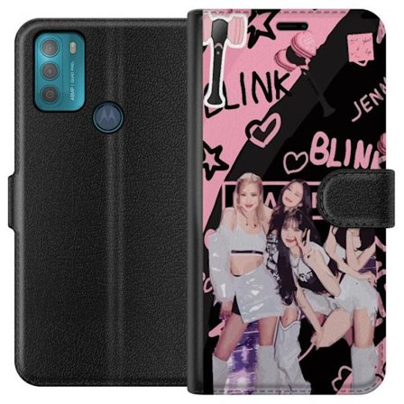 Motorola Moto G50 Lompakkokotelo Blackpink Blink design Lisa Jennie Jisoo ja Rose, pinkki ja musta tausta, fanituotteet ja valosauva, täydellinen K-p