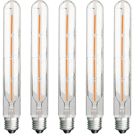 Pakke med 5 lange rørpærer, 4W, svarende til 40W glødepære, E27 sokkel, varm hvid 2700K, 400LM, klart glas, 360 graders lysspredning, AC 220-240V