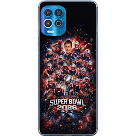 Yhteensopiva Puhelinkuori Motorola Edge S Super Bowl 2026 juliste, jossa New England Patriots ja NFL-mestaruuspalkinto räjähtävän urheilullisessa suun