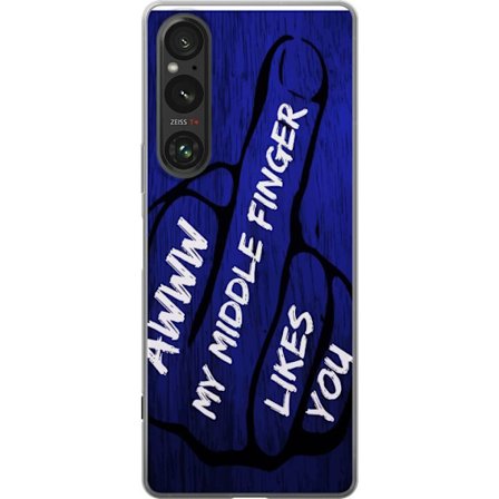 Kompatibelt Mobildeksel til Sony Xperia 1 V Mørk typografisk illustrasjon med hjerteform og budskap om vennskap mot dyp blå tretekstur