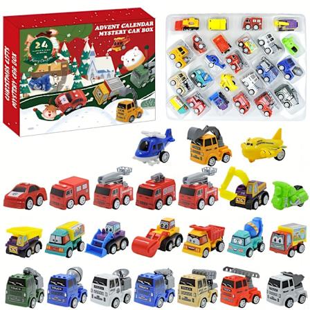 1. juledag adventkalender med 24 forskjellige kjøretøy, bil adventkalender for barn, bil julestrømper leker, tilfeldige farger Ed