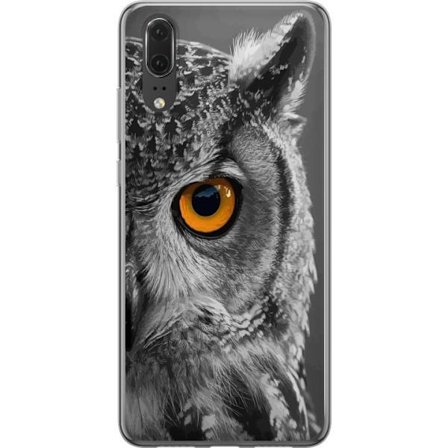 Kompatibel Mobilcover til Huawei P20 Sort-hvid tæt på billede af en ugle med intens orange øje og detaljeret fjerstruktur.