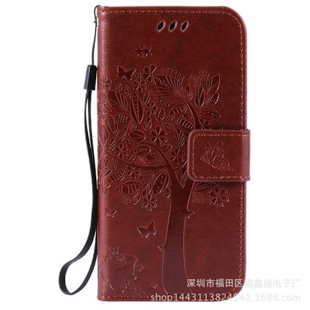 Deksel til iPhone 14 Pro brun preget katt og tre kortholder lær