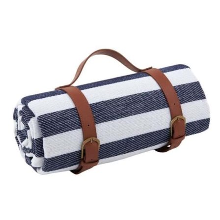 Rantapatja – ulkoiluun ja retkeilyyn – kosteutta hylkivä – nahkaisilla säilytyshihnoilla, 150 x 200 cm, siniset raidat