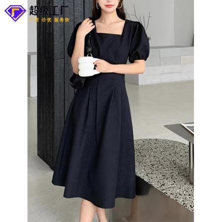 Stor swingklänning med fyrkantig hals Cinched Slimming Temperament A-line Klänning Black XL