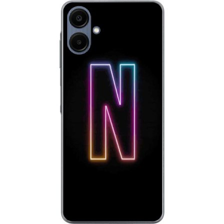 Kompatibelt Mobildeksel til Samsung Samsung Galaxy A06 Minimalistisk neonbokstav N i fargeskiftende lys mot svart bakgrunn