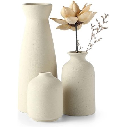 Beige Keramik Vas Set-3 Små Blomvaser för Dekoration, Modern Boho Bondgårdsinredning, Dekorativ Vas för Pampasgräs