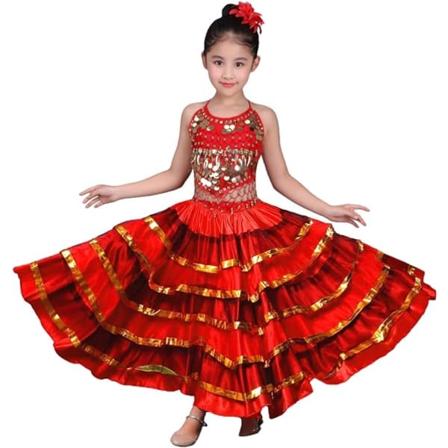 Jenter Spansk Flamenco Skjørt Gypsy Belly Dancer Performance Kostyme rød 360 grader 140-150CM