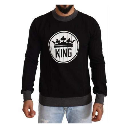 Dolce & Gabbana, Crown King Cotton Pullover Sweater Zwart, Heren, Maat:L,Katoen,print