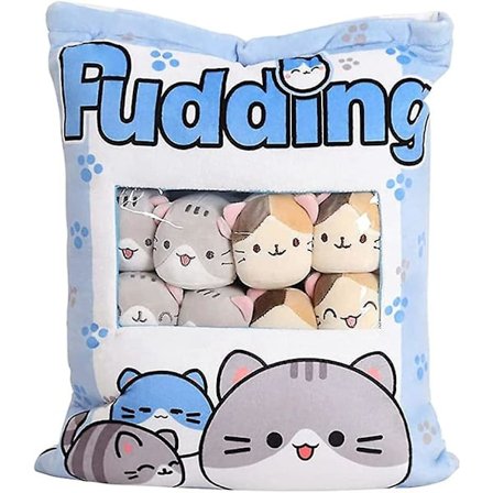 Søt snacks pute utstoppede dyr leker pudding dekorative avtakbare kattunge dukker kreative leketøy gaver for tenåringer jenter barn (blå) (h-3)