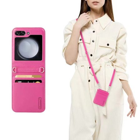 Kompatibel med Z Flip 6 Foldbar Skærm Telefon Cover, Rosarød Flip Lanyard Telefon Cover med Lang Lanyard