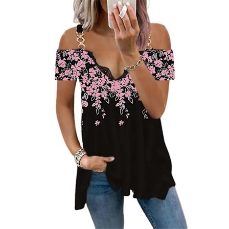 Plus Size Dam Blus med Blommönster, Kalla Axlar, V-ringning, Sommar Casual Topp