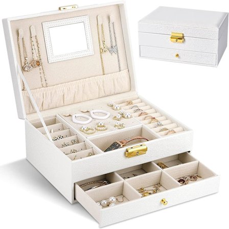 Smykkeæsker, 2 lag (hvid) med spejl smykkearrangør Vel