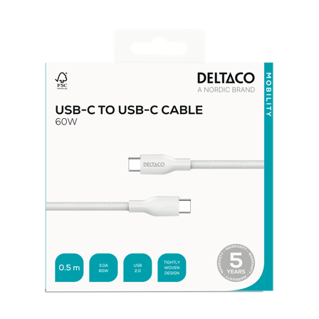 Deltaco USB-C - C, 0,5m, USB 2.0, white braided, SPR 3A/60W