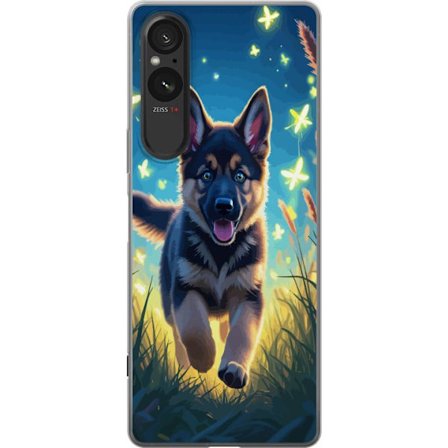 Kompatibelt Mobilskal till Sony Sony Xperia 10 VI Tysk schäfer valp affisch valp hund hoppar äng fjärilar söt hund illustration blå nattkonst