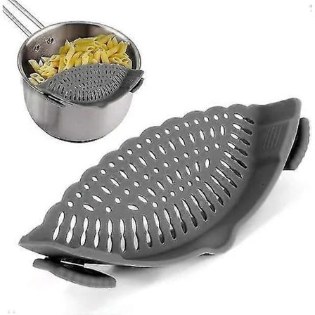Clip-on Silikonsil för Alla Kastruller och Pannor, Pasta Sil Clip-on Matsil för Kött Grönsaker Frukt Silikon Kökssil - Grå