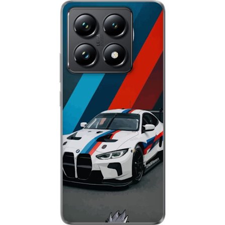Xiaomi 14T Pro Gennemsigtig cover BMW M Sport design med hvid racerbil og klassiske M-striber eksklusivt biltema perfekt til motorsportsfans og BMW-en