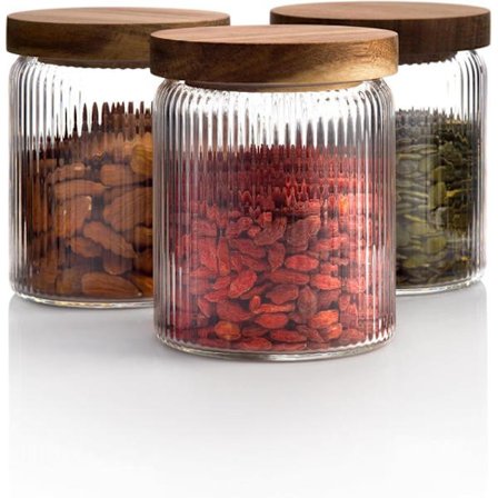 Tre 500 ml glasskrukker med stablebare, lufttette trelokk – oppbevaringsbeholdere for oppbevaring av kjeks, te eller sukker.