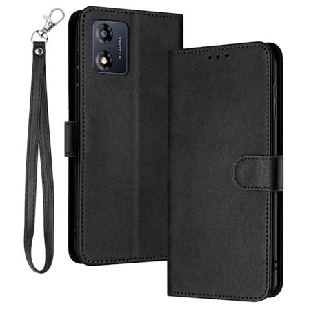 Til Motorola Moto E13 4G Folio Flip Leather Wallet Cell Phone Case Fuld beskyttelse Cover med rem - Sort