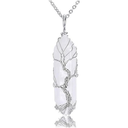 Naturlig krystal sten halskæde sølv livets træ (klar kvarts)