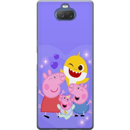 Kompatibel Mobilcover til Sony Xperia 10 Plus Peppa Gris mønster med hjerter, sommerfugle og venner, lyserød baggrund i bløde børneillustrationer